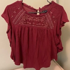 American Eagle Womens Maroon Smock Style Top Shirt with Embroidery